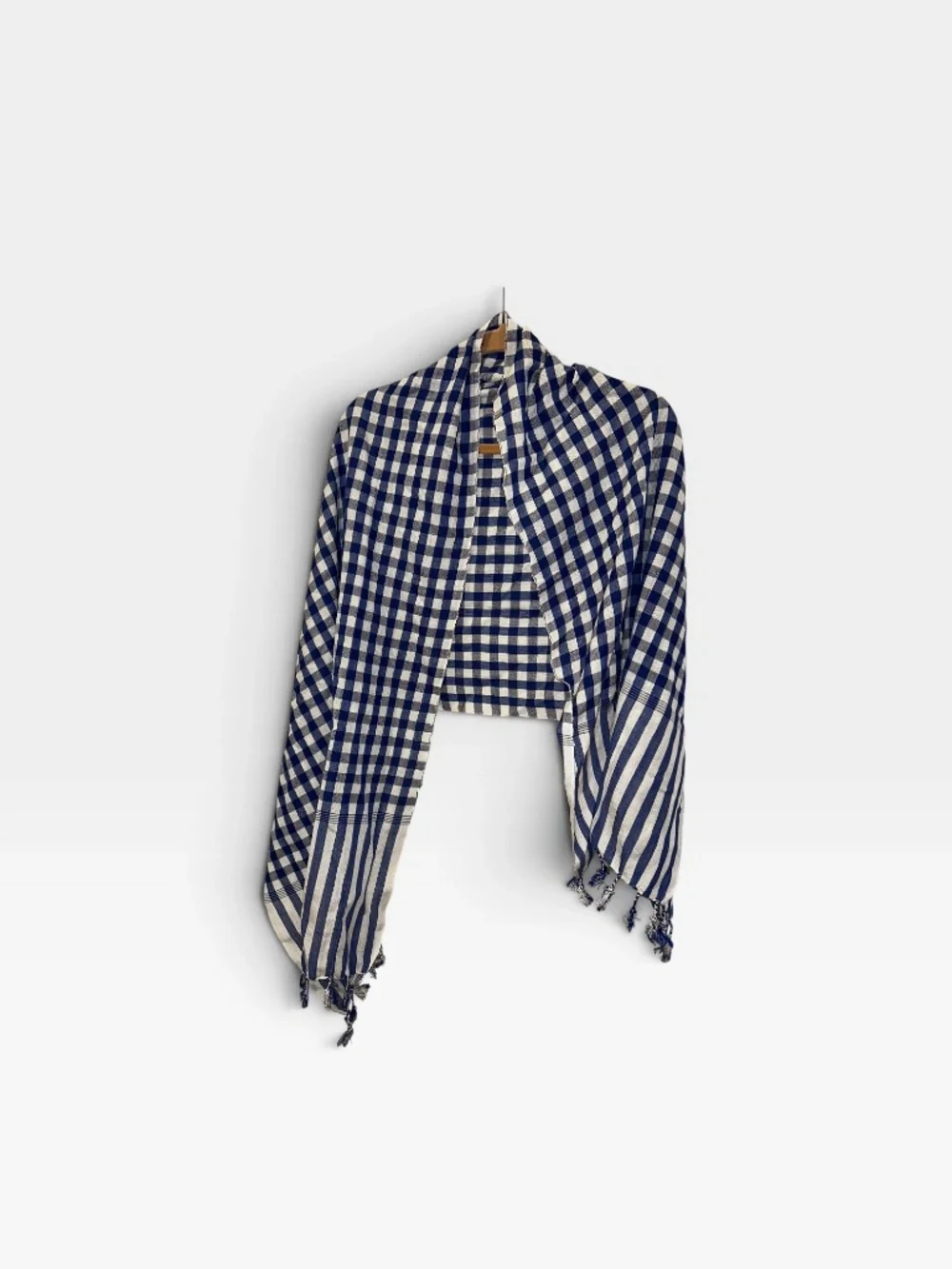 blue white linen gingham check plaid stripes tassel trim scarf wrap